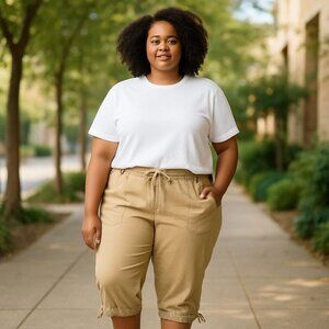 𝅺ashley Stewart Linen Blend Tan Drawstring Elastic Waist Capri Pants Size 12